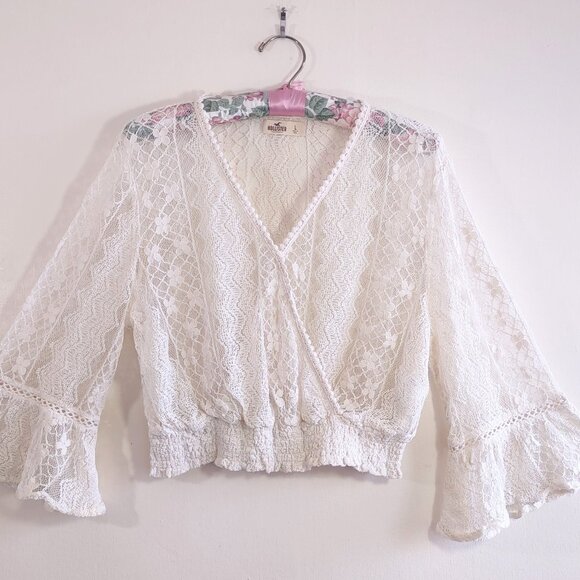 Hollister Lace & Crochet Boho Crop Top Bell Sleeves Festival Fairy Coquette Sz L - Picture 2 of 15